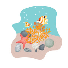 A sketch of a section of the sea floor, sand and stones, a beautiful starfish, bright fish and corals. Vector illustration