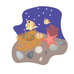 A sketch of a section of the sea floor, sand and stones, a beautiful starfish, bright fish and corals. Vector illustration