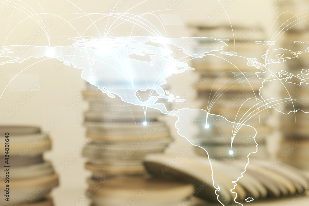 Poster double exposure of abstract digital world map hologram with connections on growing coins stacks back