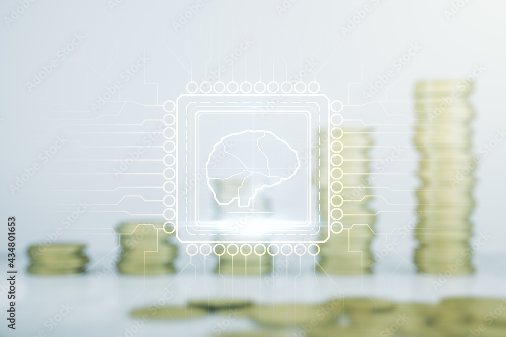 Aufkleber virtual creative artificial intelligence hologram with human brain sketch on coins background. doubl