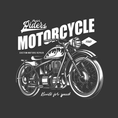 Original monochrome vector illustration. An old vintage retro motorcycle on the background of a text composition. T-shirt or logo design