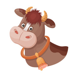 Funny spotted cow with bell on neck. Animal head. Cute calf bull face portrait with horns. Farm milk. Charming cartoon character for packaging dairy eco product. Farming, agriculture. Isolated vector