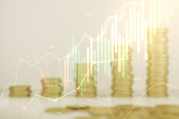 Multi exposure of virtual abstract financial diagram on growing coins stacks background, banking and accounting concept