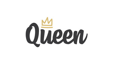 Fototapeta premium Queen word lettering with gold doodle crown. Vector illustration, calligraphic style text.