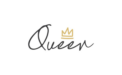 Queen word lettering with gold doodle crown. Vector illustration, calligraphic style text.