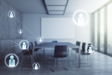 Double exposure of abstract virtual social network icons on a modern meeting room background....