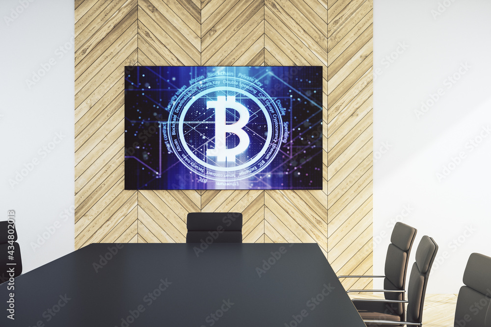 Poster creative bitcoin concept on presentation screen in a modern conference room. 3d rendering