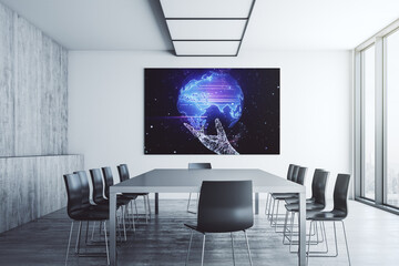 Abstract creative world map on presentation tv screen in a modern meeting room, research and analytics concept. 3D Rendering