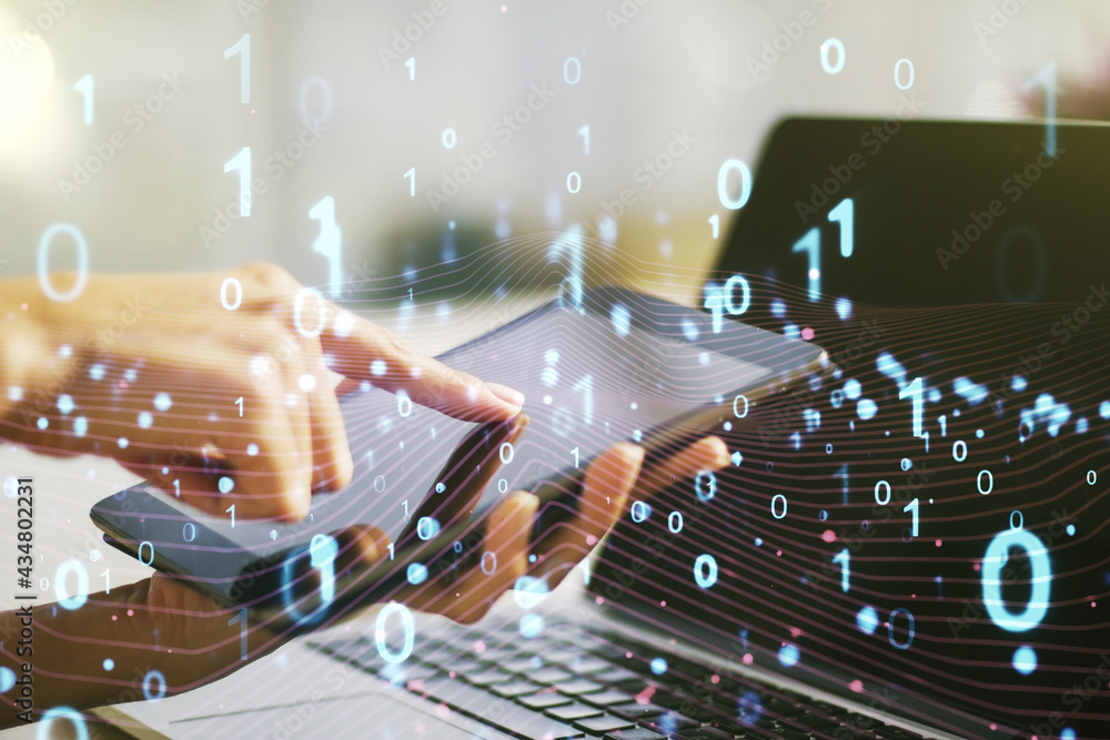 Poster creative concept of binary code illustration and finger clicks on a digital tablet on background. bi