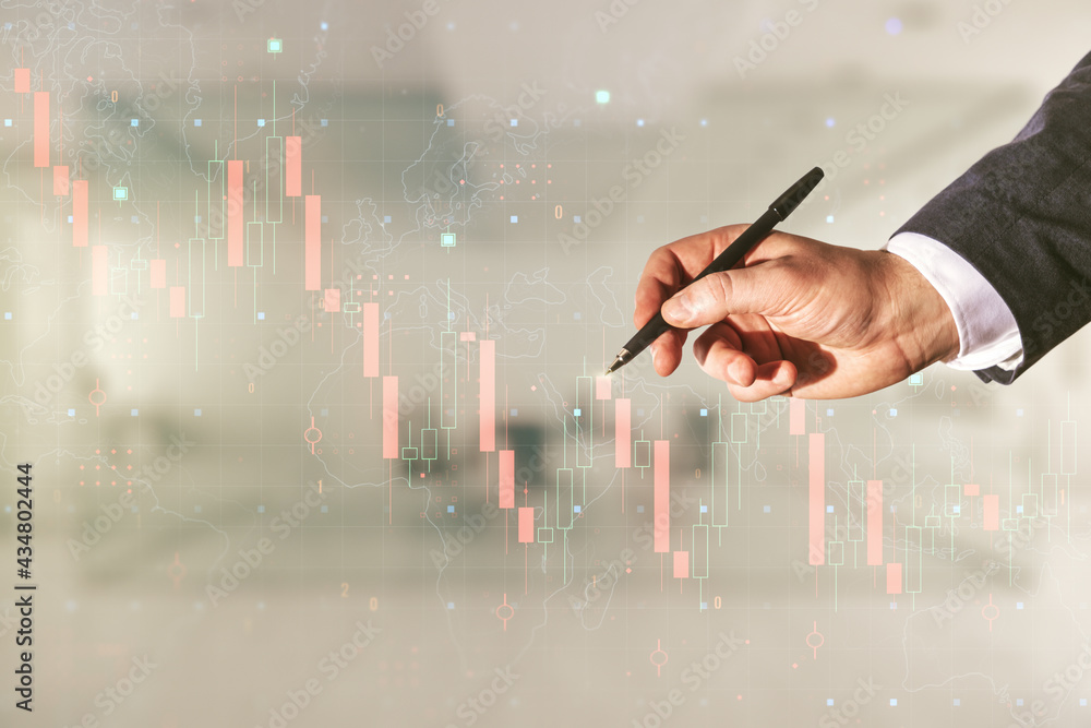 Aufkleber man hand with pen working with abstract virtual global crisis chart and world map sketch on blurred 