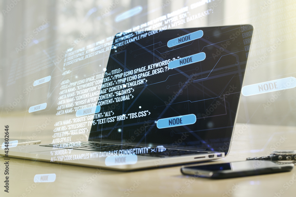 Poster double exposure of abstract programming language on laptop background, research and development conc