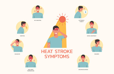 heatstroke symptoms infographic with many illness and conditions of young man, vector flat design illustration