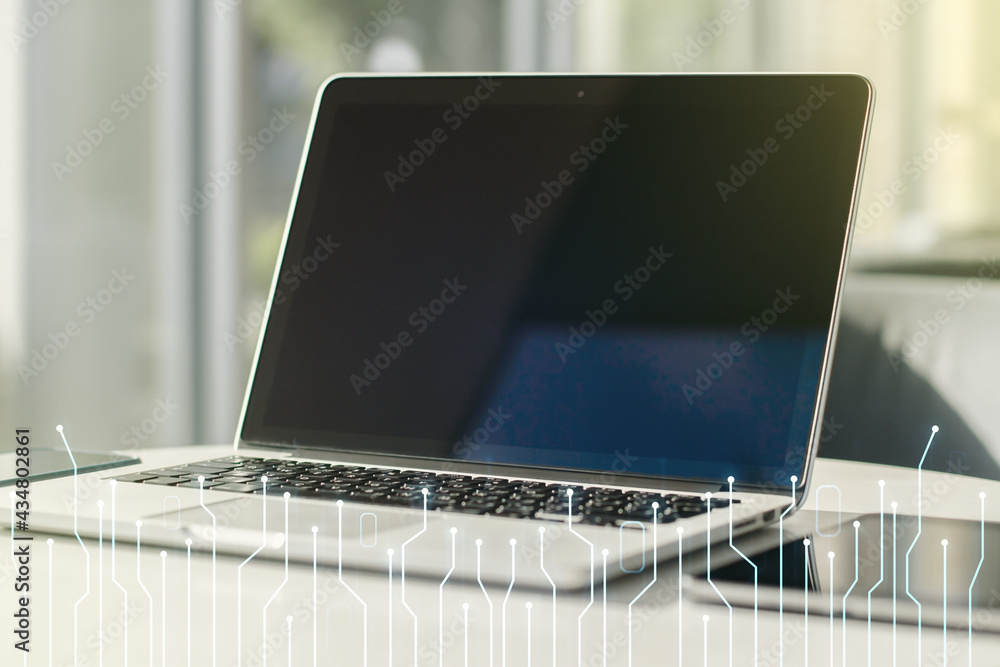Poster Creative abstract micro circuit sketch on modern laptop background, future technology and AI concept. Double exposure