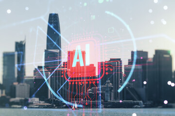 Double exposure of creative artificial Intelligence abbreviation hologram on San Francisco office...