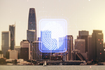 Multi exposure of virtual abstract fingerprint illustration on San Francisco city skyline background, digital access concept
