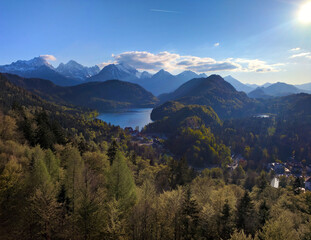 Fototapeta na wymiar Aerial view of Mountains and forest in Schwangau, Germany