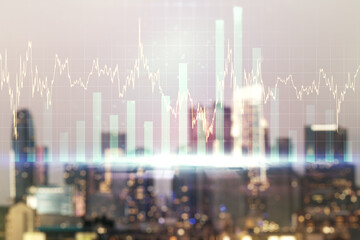 Multi exposure of abstract virtual financial graph hologram on blurry skyline background, forex and investment concept