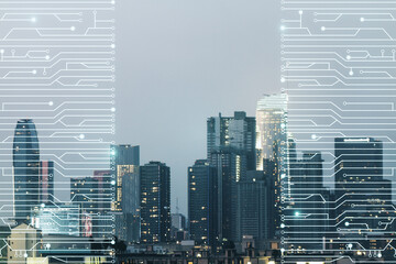 Obraz premium Abstract virtual micro chip hologram on Los Angeles cityscape background, artificial intelligence and machine learning concept. Multi exposure