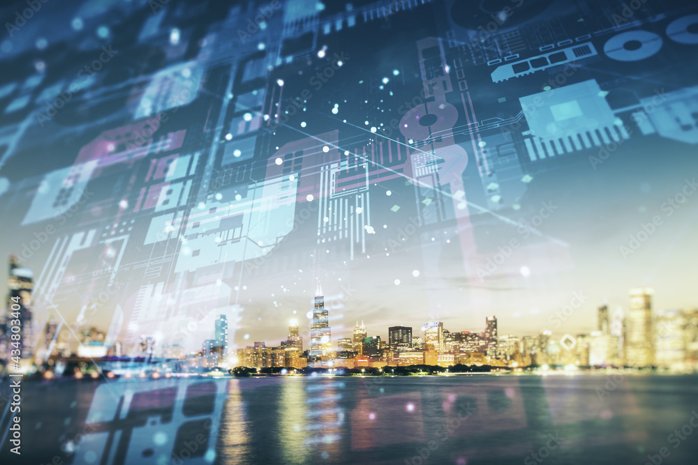 Poster abstract virtual coding concept on chicago skyline background. multiexposure