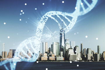 DNA hologram on Manhattan cityscape background, biotechnology and genetic concept. Multiexposure