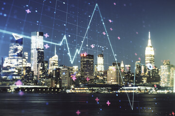 Abstract virtual heart rate sketch on Manhattan cityscape background, Medicine and healthcare concept. Multiexposure