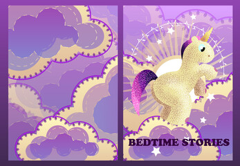 Cartoon sky at sunset. Fabulous background. A magic pony floats among the clouds on a boat. Postcard For birthday, housewarming, party, toy stores, book covers, stories. EPS10