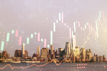 Fototapeta na wymiar Abstract creative financial graph and world map on New York cityscape background, financial and trading concept. Multiexposure