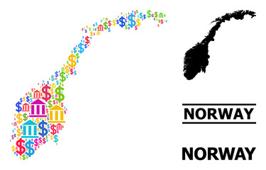 Bright colored bank and dollar mosaic and solid map of Norway. Map of Norway vector mosaic for business campaigns and applications. Map of Norway is created from colored bank and dollar parts.