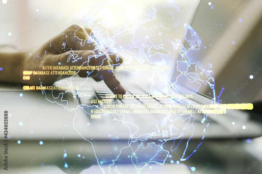 Poster double exposure of abstract programming language hologram with world map and hands typing on laptop 