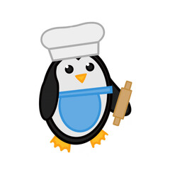 A cute penguin in a chefs cap with a vest and a rolling pin. Vector illustration. The image of a penguin isolated on a white background.