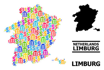 Fototapeta premium Colored bank and commerce mosaic and solid map of Limburg Province. Map of Limburg Province vector mosaic for business campaigns and applications.