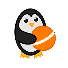 Penguin with a rubber ball. Image isolated on a white background. Vector illustration. Design element for poster label sign emblem menu.