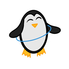 Adorable penguin twisting blue hula hoop. The image of a penguin isolated on a white background. Vector illustration.