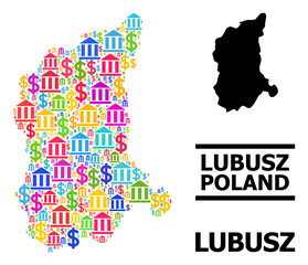 Obraz premium Bright colored financial and dollar mosaic and solid map of Lubusz Province. Map of Lubusz Province vector mosaic for advertisement campaigns and propaganda.