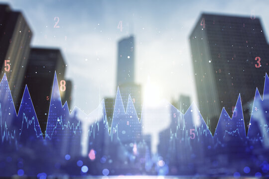 Multi exposure of abstract virtual graphic data spreadsheet sketch on modern architecture background, analytics and analysis concept