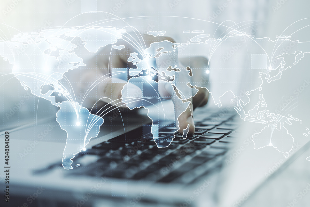 Aufkleber abstract graphic digital world map with connections and hands typing on computer keyboard on backgro