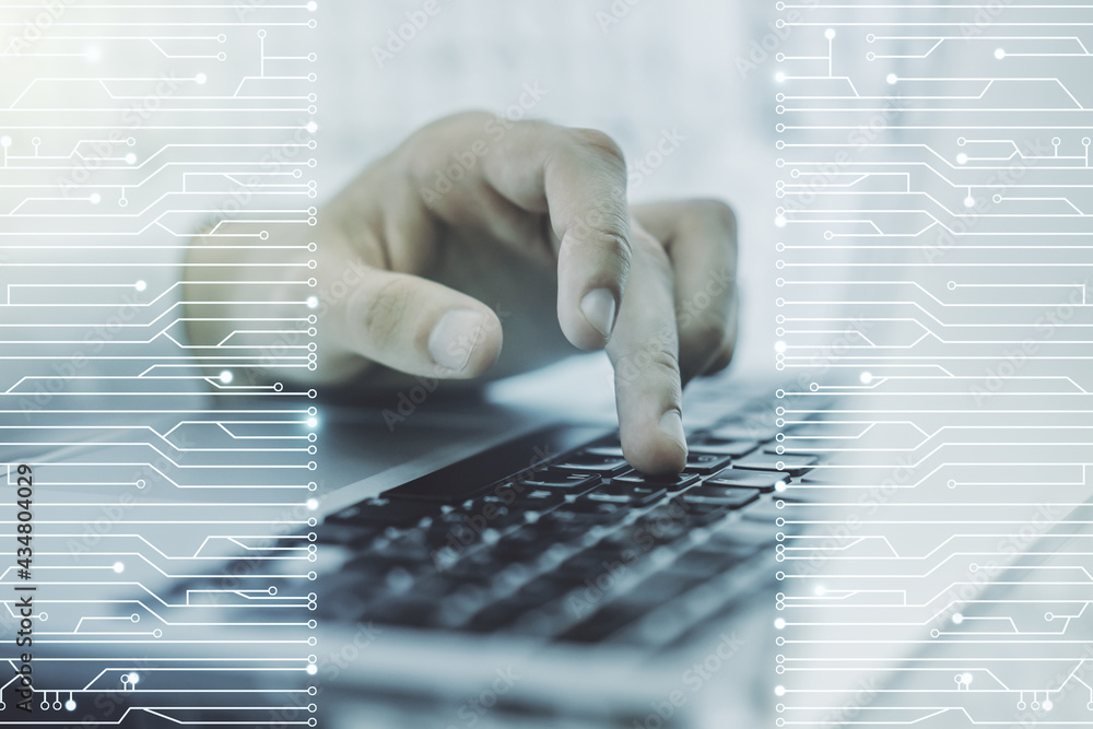Poster creative concept of microscheme illustration and hands typing on laptop on background. big data and 