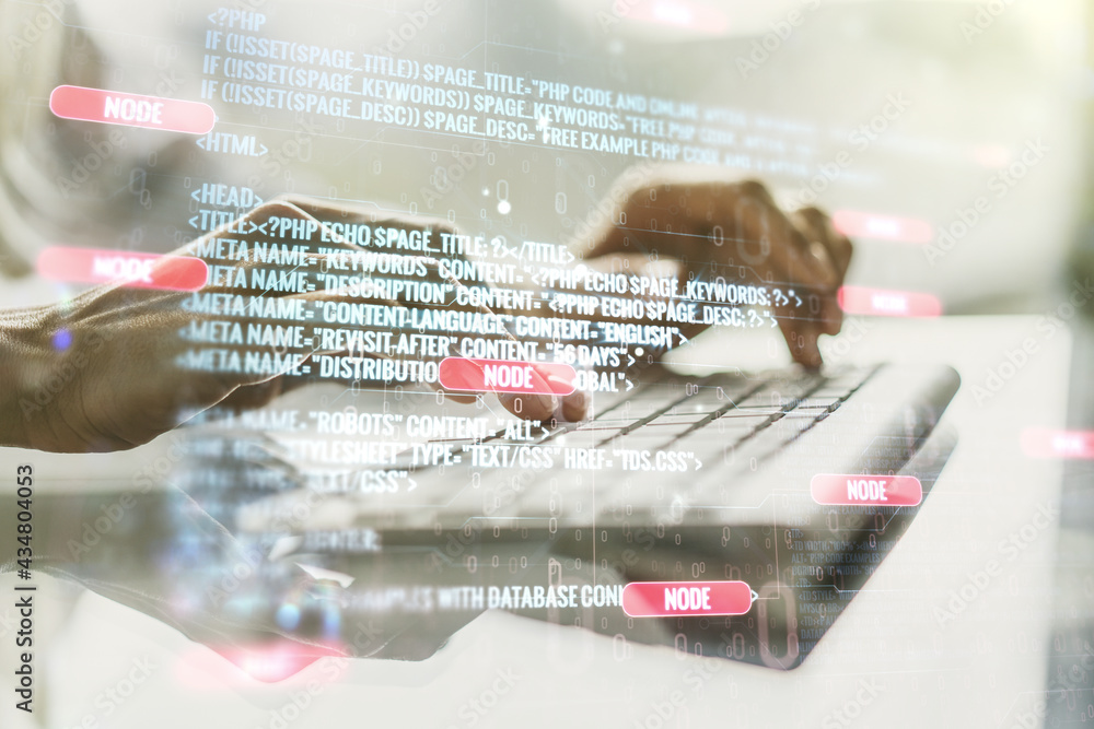 Poster double exposure of abstract programming language hologram with hands typing on laptop on background,