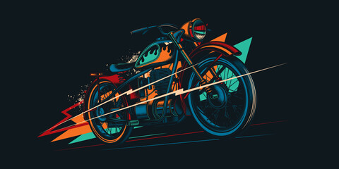Fototapeta na wymiar Original vector retro print motorcycle on abstract background rides on road. American motorcycle custom made. T-shirt Design