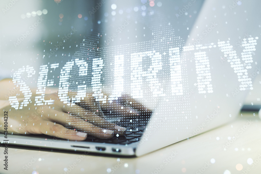 Poster Cyber security creative concept with hands typing on computer keyboard on background. Double exposure