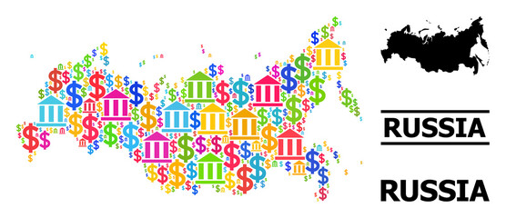 Bright colored banking and commercial mosaic and solid map of Russia. Map of Russia vector mosaic for business campaigns and applications.