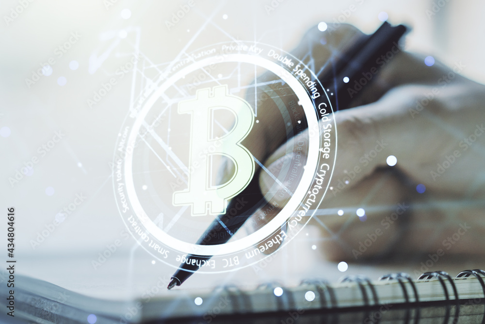 Poster double exposure of creative bitcoin symbol hologram with woman hand writing in notepad on background