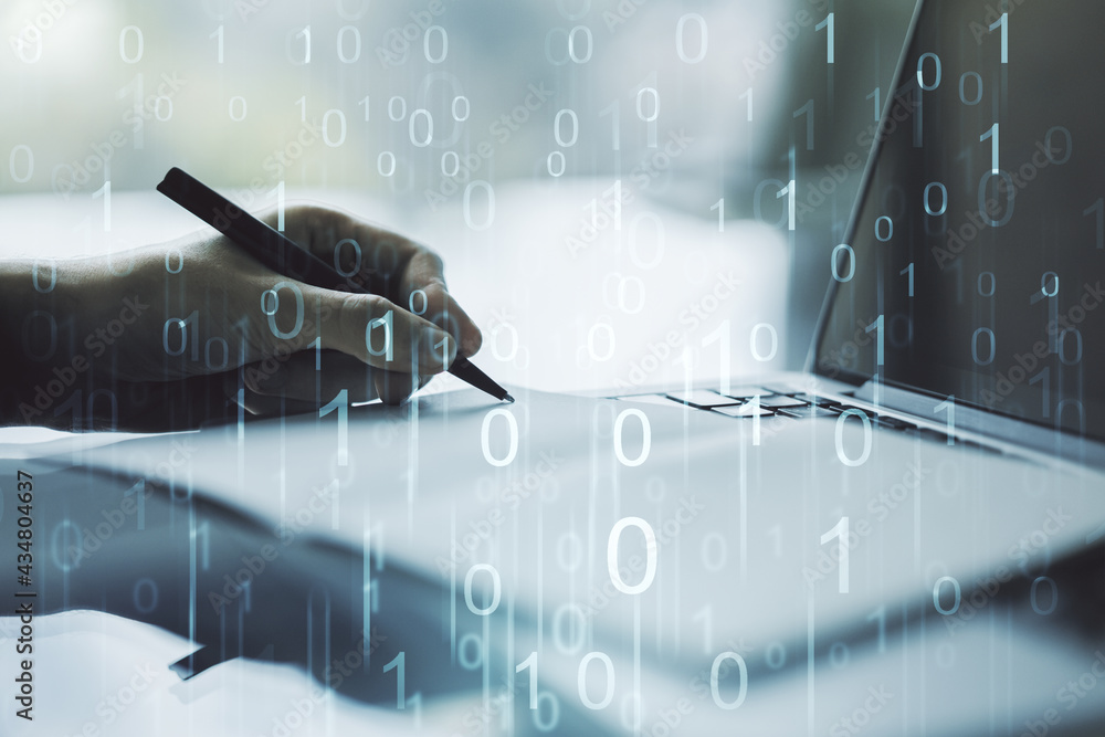 Poster creative concept of binary code illustration and hand writing in notebook on background with laptop.