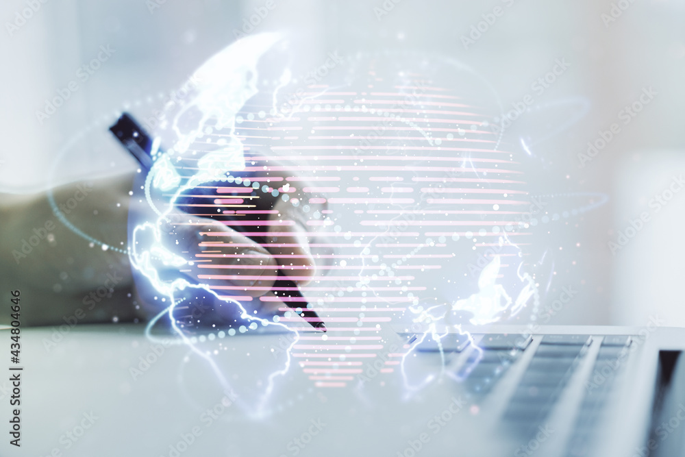 Poster double exposure of abstract digital world map with connections and hand writing in notepad on backgr