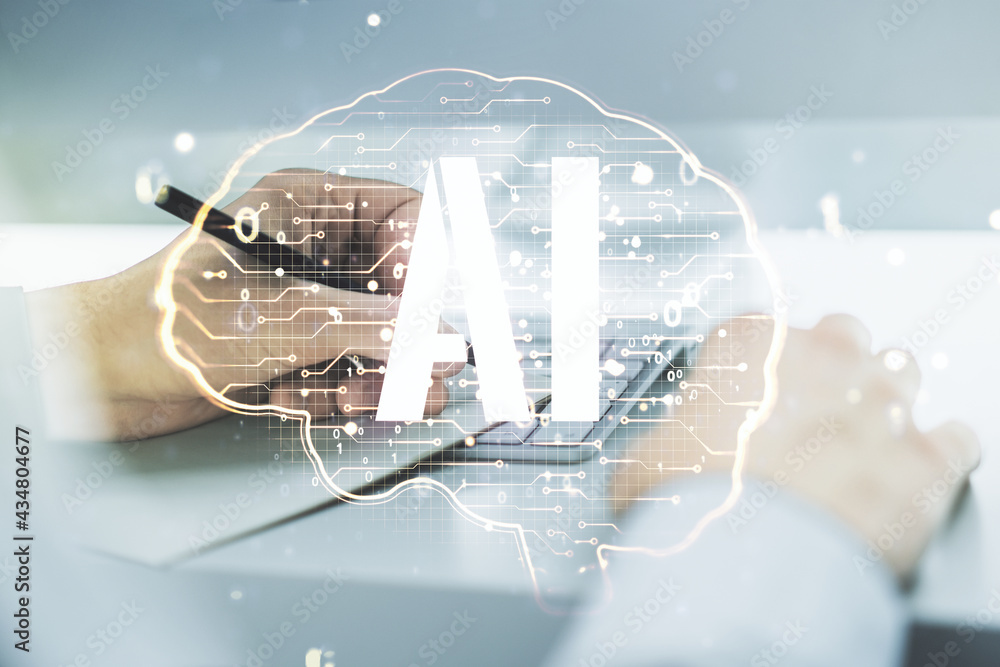 Poster creative artificial intelligence concept with human brain sketch and hand writing in diary on backgr