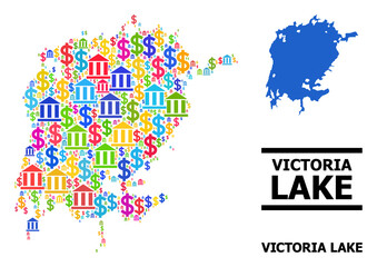 Vibrant bank and business mosaic and solid map of Victoria Lake. Map of Victoria Lake vector mosaic for business campaigns and promotion.