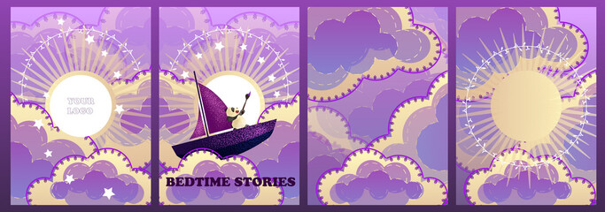 Cartoon sky at sunset. Fabulous background. A toy panda swims among the clouds on a boat. Postcard For birthday, housewarming, party, toy stores, book covers, stories. EPS10