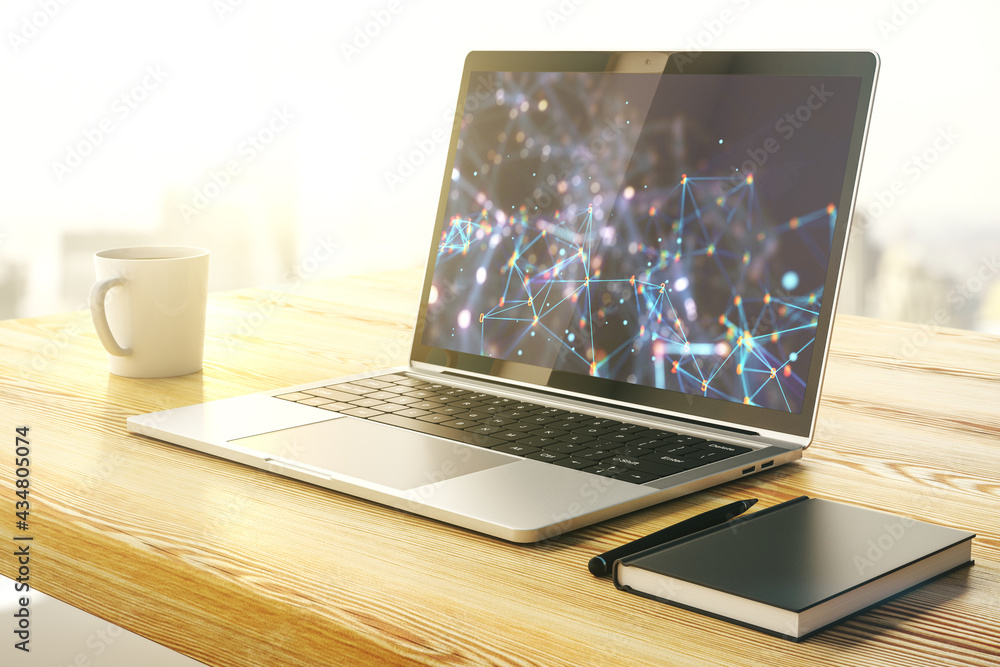 Poster creative abstract wireless technology hologram on modern computer monitor, artificial intelligence a