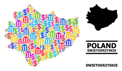 Bright colored bank and dollar mosaic and solid map of Swietokrzyskie Province. Map of Swietokrzyskie Province vector mosaic for business campaigns and agitation.