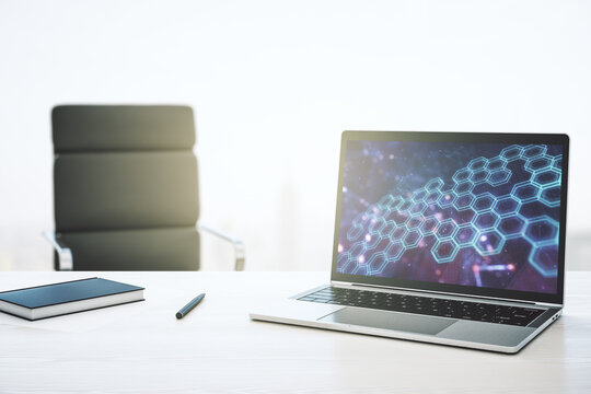 Modern computer monitor with technology hologram with hexagon. Research and development software concept. 3D Rendering